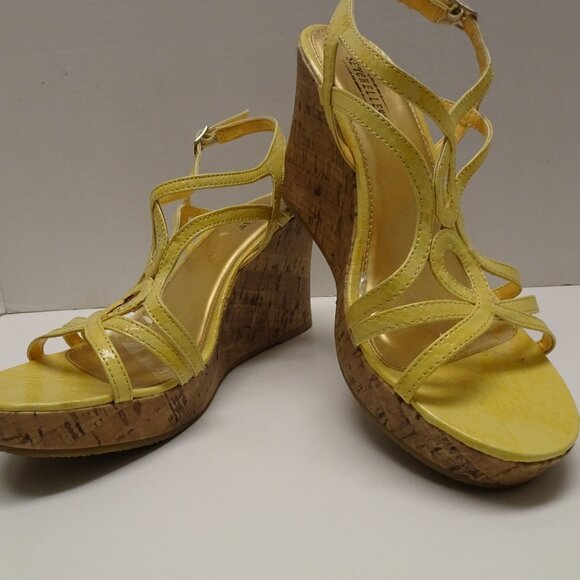Seychelles Yellow Stripe cork Stacked Heel wedges 8 - Picture 1 of 5
